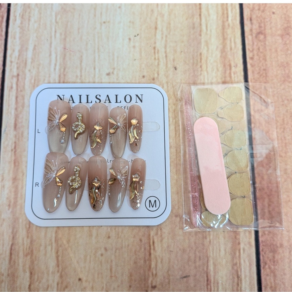 Handmade Press On Nails Gold 3D Butterfly Design Almond Shape Size Medium 10pc
